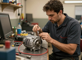 Técnico da RC Baterias e Auto Elétrica Ribeirão Preto consertando um alternador na bancada da oficina